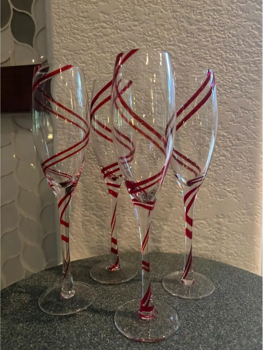 Pier 1 Imports Red Swirline Champagne 9.75” Flute Glass - Set of 4